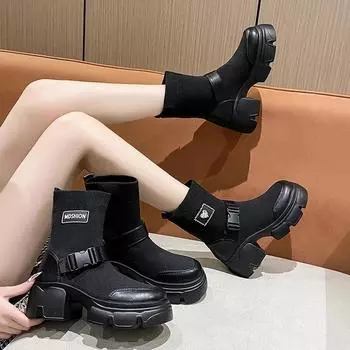 Мода 2024 года, осень, женские новые эластичные ботинки, модная нескользящая обувь для активного отдыха, модные универсальные ботинки средней высоты, повседневная женская обувь на толстой подошве 35