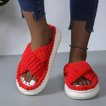 Мода 2024 года, осенне-зимние домашние тапочки, женские тапочки с перекрестными ремешками, толстая подошва, мягкая подошва, женские нескользящие домашние тапочки 36-37 красный
