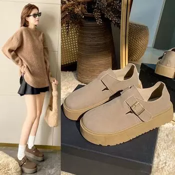 Мода 2024 года, осенние женские повседневные туфли на плоской подошве в стиле ретро, женские новые универсальные теплые бархатные туфли на толстой подошве с низким верхом 35 верблюд