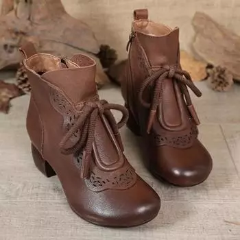 Мода 2024 года, осенние женские сапоги, кожаные туфли-лодочки для женщин, ботильоны на среднем каблуке, европейские женские туфли на молнии, сапоги на каблуке из искусственной кожи, женская обувь в стиле ретро 35 чёрный