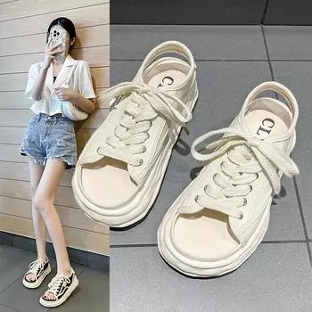 Мода 2024 года, парусиновые сандалии, женская повседневная обувь, черно-белые парусиновые туфли для женщин, летние туфли на каблуках с ремешками для девочек, модные на шнуровке 39