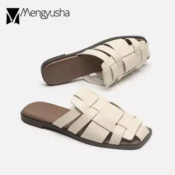 Мода 2024 года, ретро-тапочки с перекрестной вязкой, женские сандалии-гладиаторы с закрытым носком, мокасины на плоской подошве, женские туфли-сабо для пляжа, лето 4.5 чёрный