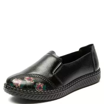 Мода 2024 года, ретро-туфли на плоской подошве, женская осенняя обувь, кожаные мокасины, туфли с широким носком для мам, женские мокасины с принтом для женщин 35 чёрный