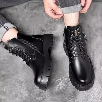 Мода 2024 года, роскошные брендовые зимние мужские теплые плюшевые зимние ботинки, деловая мода, натуральная кожа, мужские ботинки, на шнуровке, для езды на мотоцикле 38 чёрный