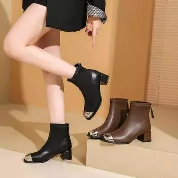 Мода 2024 года, роскошные дизайнерские женские ботильоны с квадратным носком, флокированная эластичная обувь, тонкие ботинки на среднем каблуке с молнией сзади для женщин с металлическим носком 35 чёрный