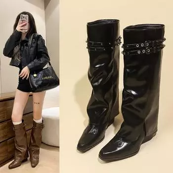 Мода 2024 года, роскошные дизайнерские зимние повседневные женские ковбойские сапоги, модные женские элегантные длинные сапоги на квадратном каблуке, женская обувь 35 чёрный