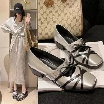 Мода 2024 года, роскошные женские туфли Мэри Джейн с квадратным носком и бантом, балетки из натуральной кожи с плоским дном и заклепками на поясе 35 серебряный