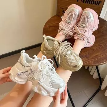 Мода 2024 года сетчатые туфли для папы для женщин кроссовки весенние низкие женские туфли на вулканизированной платформе модные удобные повседневные женские туфли 38 розовый