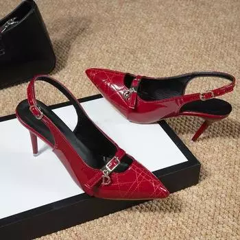 Мода 2024 года. Туфли на высоком каблуке. Пряжка. Неглубокий острый нос. Туфли на шпильках с ремешком сзади. Босоножки без застежек. Сексуальные блестящие кожаные туфли. 34 чёрный