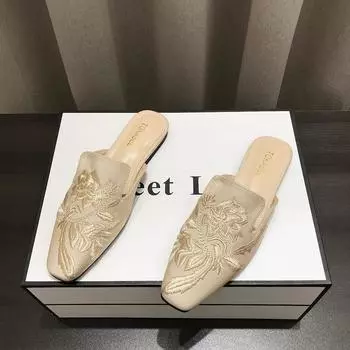 Мода 2024 года, удобные женские босоножки на плоской подошве с вышивкой, тапочки, летние повседневные сандалии в стиле ретро для улицы, шлепанцы Zapatos Mujer 35 бежевый