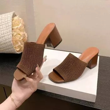 Мода 2024 года Вязаные туфли на высоком каблуке Женская обувь Летние туфли с открытым носком Платье Сандалии Модные пляжные туфли на толстой подошве для ходьбы Zapatos Femme 35 белый