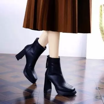 Мода 2024 года. Высококачественная женская обувь. Ботильоны женские. Модные современные ботинки с застежкой-молнией сзади. Новые туфли с квадратным носком для женщин. Zapatos. 35 чёрный