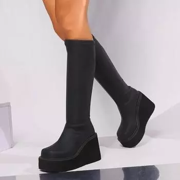 Мода 2024 года. Высококачественная женская обувь. Женские сапоги без застежек. Модные сапоги с круглым носком. Новые однотонные сапоги на танкетке до колена. Zapatos. 35 чёрный