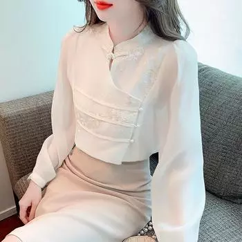 Мода 2024 года в китайском стиле с длинным рукавом и воротником-стойкой, вышитая шифоновая блузка, рубашка, женские топы, блузки, рубашки J442 S абрикосовый