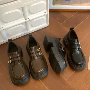 Мода 2024 года, весна и лето, новые женские туфли на толстой подошве, небольшие кожаные туфли, универсальные рабочие туфли для поездок на работу, увеличивающие рост 35 чёрный