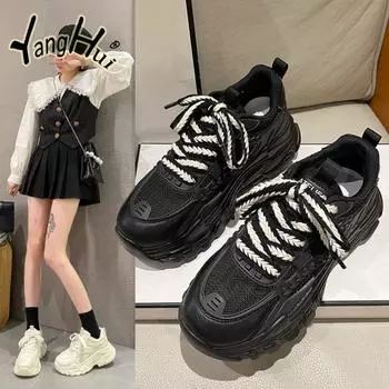 Мода 2024 года, весна и осень, новые дышащие сетчатые спортивные повседневные туфли с толстой подошвой, кроссовки для бега для студентов и женщин 35 бежевый