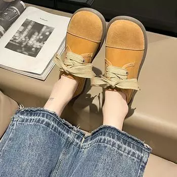 Мода 2024 года, винтажные туфли Bucken на шнуровке для женщин, новые туфли на толстой подошве из натуральной коровьей кожи с обратным мехом, серия Sen Single Shoes 35 бежевый