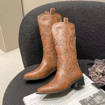 Мода 2024 года, высокое качество, новая мода, слипоны, женская обувь для отдыха на открытом воздухе, износостойкие, с острым носком, женские сапоги длиной до колена 34 чёрный