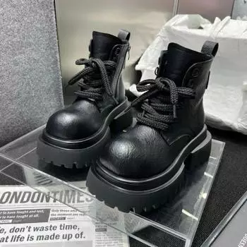 Мода 2024 года, высококачественная женская обувь с боковой молнией, женские ботинки, осенние, с круглым носком, однотонные, короткие, на платформе, с толстым каблуком, модные ботинки 35 чёрный