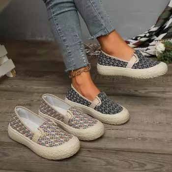 Мода 2024 года, высококачественная женская обувь в этническом стиле, плетеная обувь с вышивкой, женская модная дышащая повседневная обувь на плоской подошве для женщин 36 бежевый