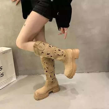 Мода 2024 года, высококачественная женская обувь, женские сапоги без застежек, модные современные сапоги с открытым носком, женские сапоги до колена с круглым носком 35 чёрный