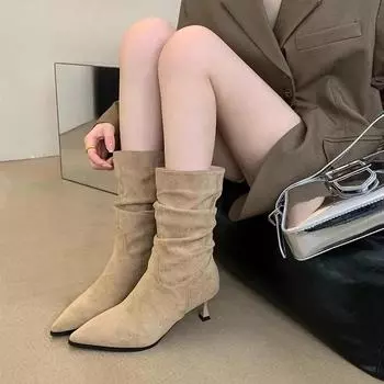 Мода 2024 года, высококачественная женская обувь, женские сапоги без застежек, модные плиссированные современные сапоги, женские сексуальные сапоги с острым носком до середины голени Zapatos 35 чёрный
