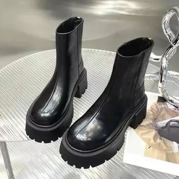 Мода 2024 года, высококачественная женская обувь, женские ботильоны, современные ботинки на платформе, женские сшитые туфли с круглым носком и молнией сзади на квадратном каблуке для женщин 35 чёрный
