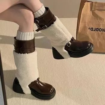 Мода 2024 года, высококачественная женская обувь, женские сапоги без застежек, модные современные сапоги с пряжкой на ремне, женские новые сапоги до колена с круглым носком 35 чёрный