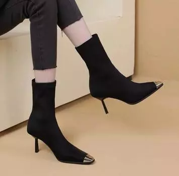 Мода 2024 года, высококачественная женская обувь, женские сапоги без застежек, модные однотонные современные сапоги, женские сексуальные сапоги с острым носком без каблука 35 чёрный