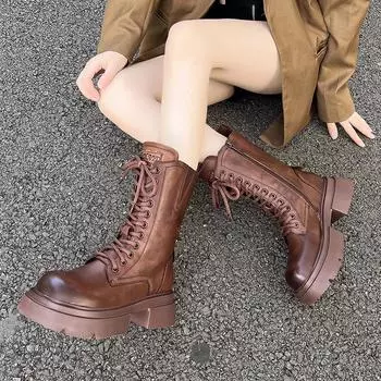 Мода 2024 года, высококачественная женская обувь, женские ботинки с боковой молнией, модные современные ботинки со шнуровкой спереди, женские новые ботинки до середины икры с круглым носком 35 чёрный