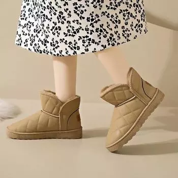 Мода 2024 года, высококачественная женская обувь, женские сапоги до середины икры, модные повседневные ботинки с круглым носком, женские зимние короткие плюшевые однотонные зимние сапоги 36 чёрный