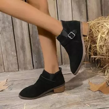 Мода 2024 года, высококачественная женская обувь, женские сапоги без застежек, модные ботильоны с пряжкой для офиса и карьеры, новые ботильоны с острым носком больших размеров 36 чёрный