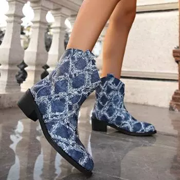 Мода 2024 года, высококачественные модные женские туфли с принтом на молнии, осенние новые повседневные туфли с острым носком и высоким каблуком, модные ботинки для женщин 35 джинсовый синий