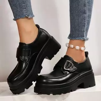 Мода 2024 года, высококачественные туфли, женские туфли с пряжкой, женские туфли-лодочки, осенние туфли в британском стиле с круглым носком, однотонные туфли на платформе, повседневные туфли большого размера 36 чёрный