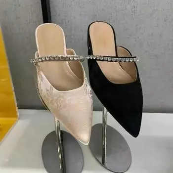 мода 2024 года, высококачественные женские туфли с закрытым носком, женские тапочки, модные тапочки с кристаллами, женские сексуальные тапочки с острым носком для женщин 34 чёрный