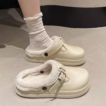 Мода 2024 года, высококачественные зимние повседневные удобные женские тапочки с пряжкой, нескользящие теплые короткие плюшевые женские туфли с толстой подошвой 36 бежевый