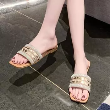 мода 2024 года, женская летняя новая мода, квадратная головка, открытый носок, женские тапочки, повседневные, плоские, кожаные, пляжные женские шлепанцы, Mujer Zapatos 35 бежевый