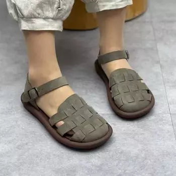 мода 2024 года женская летняя обувь сандалии на плоской подошве с квадратным носком кожаные женские сандалии-гладиаторы слипоны женская пляжная обувь Zapatillas Mujer 35 бежевый