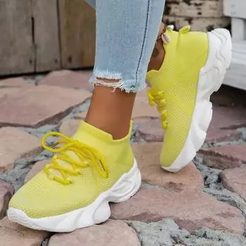 Мода 2024 года. Женская новая трикотажная дышащая удобная повседневная спортивная обувь с мягкой подошвой для ходьбы и бега. 36 жёлтый