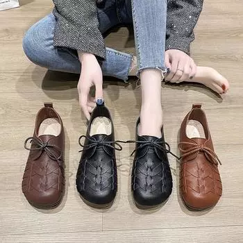 Мода 2024 года, женская новая весна/лето, круглый носок, плоская подошва, туфли-боб, женская мягкая подошва, кожаные туфли, одинарные туфли 35 коричневый