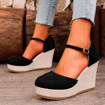 Мода 2024 года, женская обувь больших размеров с пряжкой на ремешке, женские туфли на высоком каблуке, повседневные туфли на платформе, женские туфли на круглом носке и высокой танкетке 36