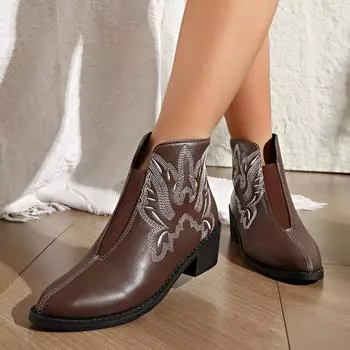Мода 2024 года Женская обувь Ботильоны Женские элегантные современные ботинки Женские вышитые заостренные носки Молния сзади Средний каблук Большие размеры Обувь для женщин 36 чёрный