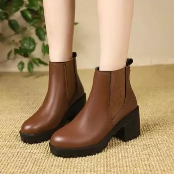 Мода 2024 года Женская обувь для активного отдыха Современные женские ботинки Лаконичные ботильоны Женские туфли с круглым носком и квадратным каблуком Большие размеры Женские 35 коричневый