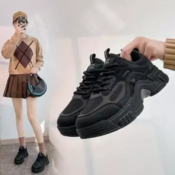 Мода 2024 года, женская обувь из вулканизированной стали, модные дышащие туфли на платформе, осеннее новое поступление, повседневные кроссовки в тон 35 чёрный