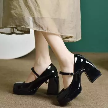 Мода 2024 года, женская обувь Мэри Джейн на толстой подошве, осень и зима, новый толстый каблук, нежный стиль, одинарный ремешок, высокие каблуки, универсальные 34 бежевый