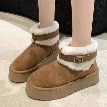 Мода 2024 года, женская обувь, модные женские сапоги с круглым носком, сплошной плюшевый флис для тепла, короткие зимние сапоги на платформе с бочкообразным верхом 37 малиновый