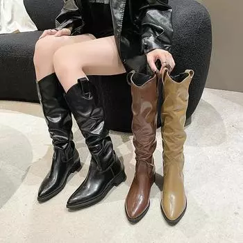 Мода 2024 года, женская обувь, модные женские сапоги с острым носком, модные плиссированные сапоги до колена, высококачественные женские лакированные сапоги до бедра 35 чёрный
