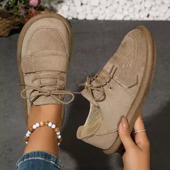 Мода 2024 года. Женская обувь на шнуровке. Женская обувь на плоской подошве. Модные туфли на плоской подошве с круглым носком. Однотонные легкие туфли на плоской подошве на низком каблуке. 35 бежевый