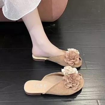 Мода 2024 года. Женская обувь. Закрытый носок. Женские тапочки. Осенние повседневные и удобные тапочки с мягкой подошвой и цветочным принтом. 35 бежевый