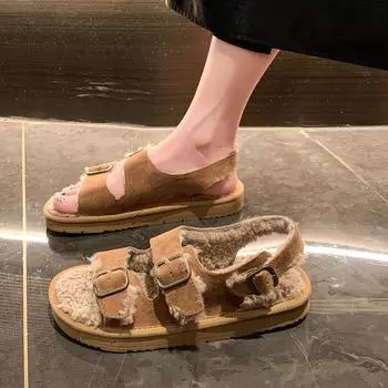 Мода 2024 года, женская шерстяная обувь, зимние сандалии из пробки, сандалии с пряжкой, овечья шерсть, короткие плюшевые туфли с открытым носком, однотонные туфли 35 хаки